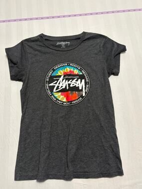 Stüssy Tie Dye Logo Graphic T-Shirt Gray Short Sleeve Men's Small Streetwear